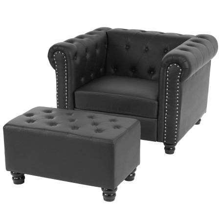 Fauteuil de luxe lounge relax Chesterfield avec pouf, similicuir - pieds ronds, noir