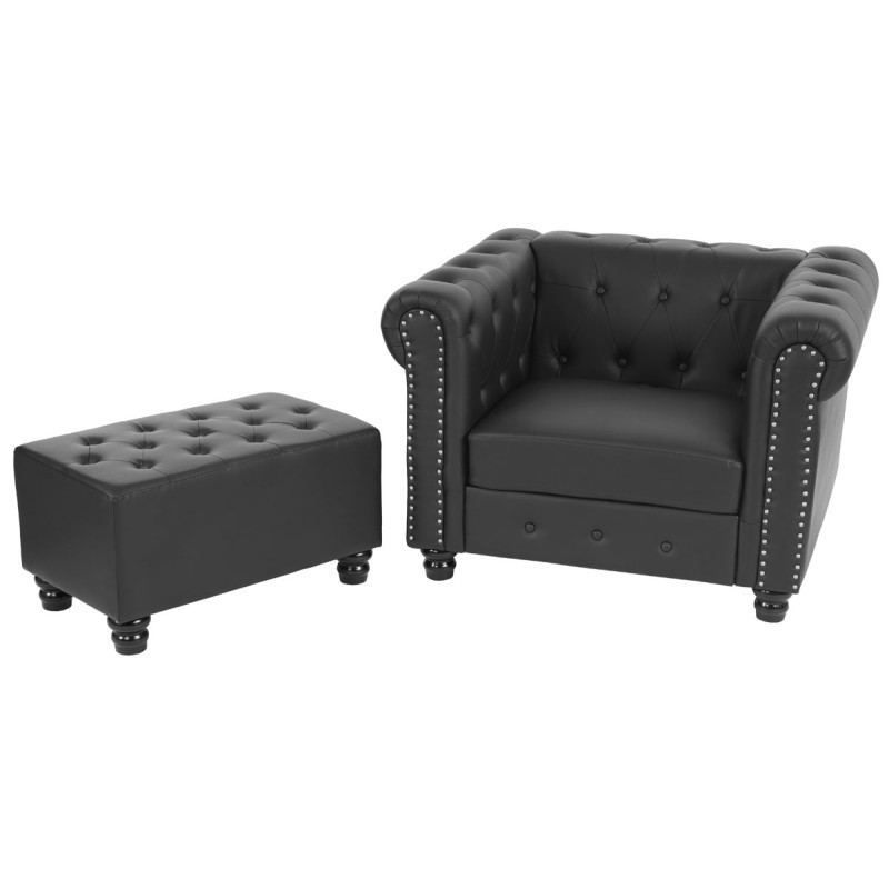 Fauteuil de luxe lounge relax Chesterfield avec pouf, similicuir - pieds ronds, noir