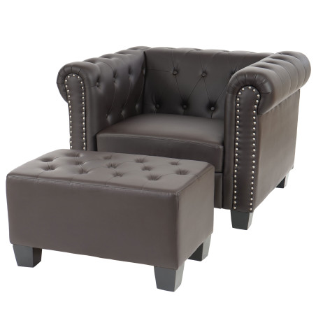 Fauteuil de luxe lounge relax Chesterfield avec pouf, similicuir - pieds carrés, brun antique