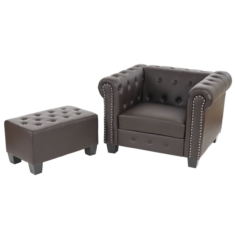 Fauteuil de luxe lounge relax Chesterfield avec pouf, similicuir - pieds carrés, brun antique