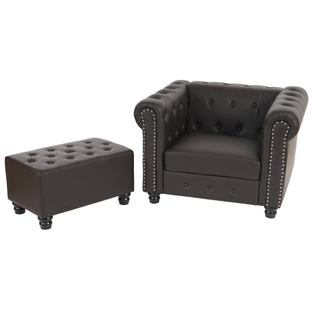 Fauteuil de luxe lounge relax Chesterfield avec pouf, similicuir - pieds ronds, brun antique