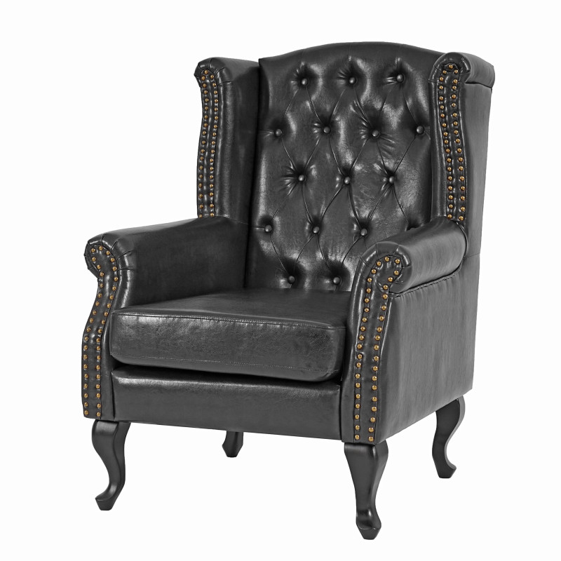 Fauteuil de luxe à oreilles Chesterfield similicuir - noir sans pouf