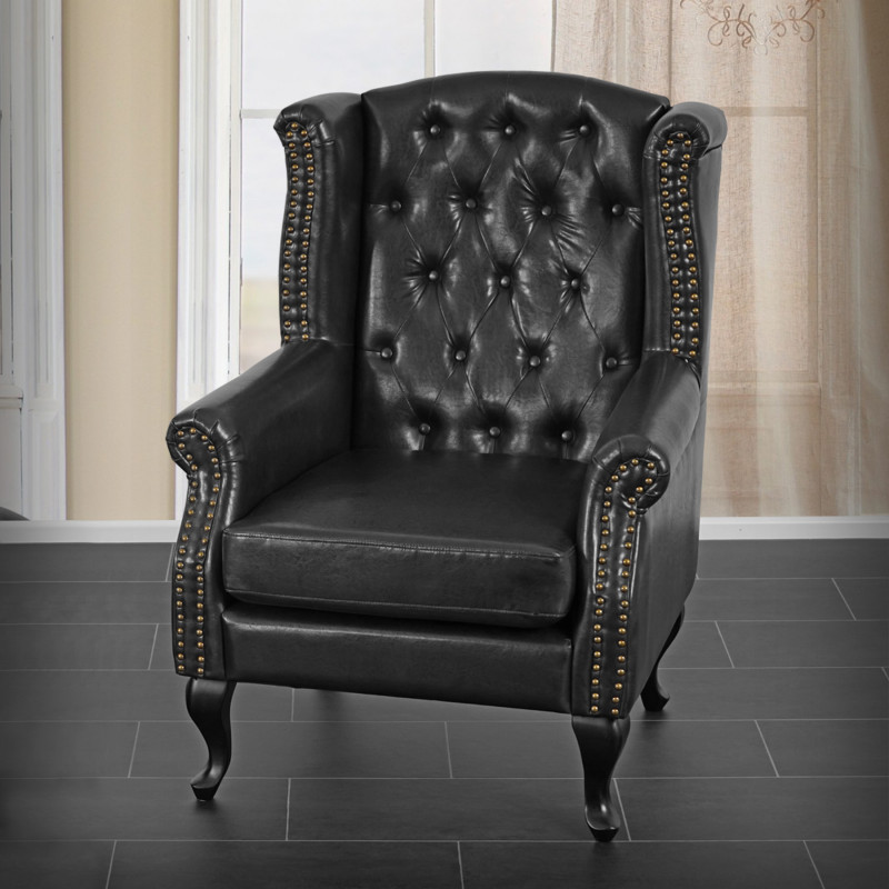 Fauteuil de luxe à oreilles Chesterfield similicuir - noir sans pouf