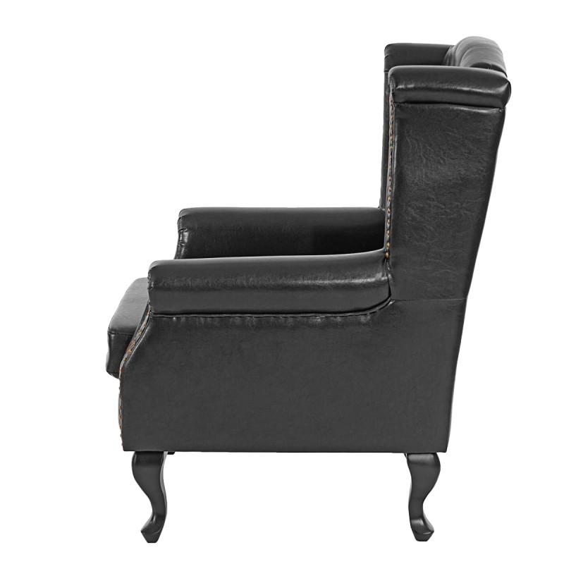 Fauteuil de luxe à oreilles Chesterfield similicuir - noir sans pouf