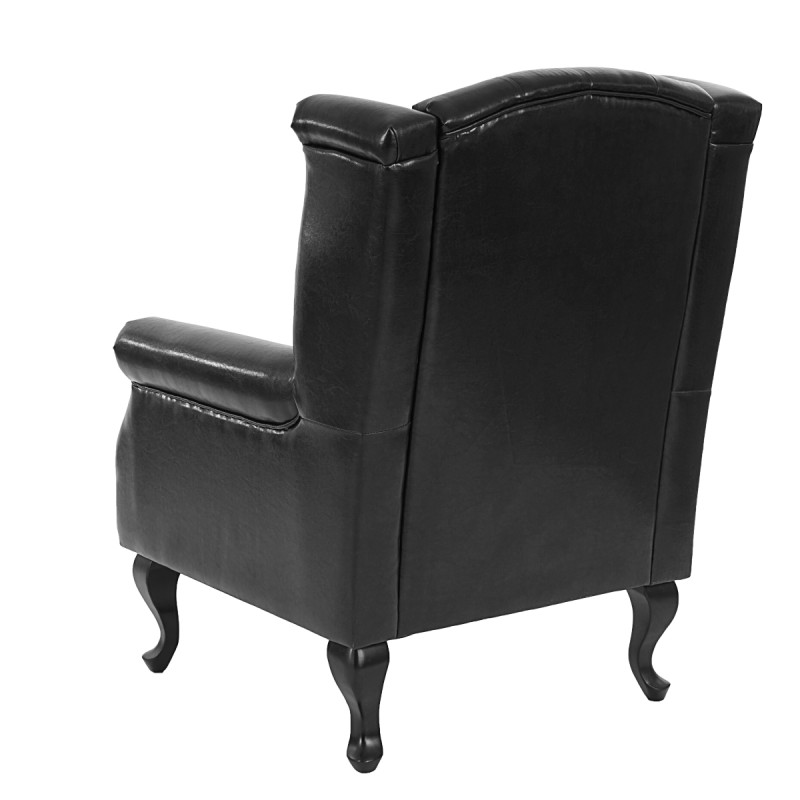 Fauteuil de luxe à oreilles Chesterfield similicuir - noir sans pouf