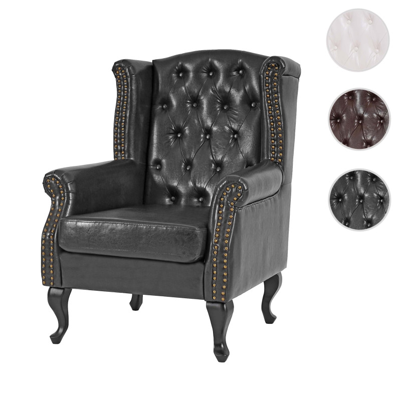 Fauteuil de luxe à oreilles Chesterfield similicuir - noir sans pouf