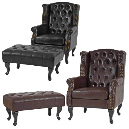 Fauteuil de luxe à oreilles Chesterfield similicuir - noir avec pouf