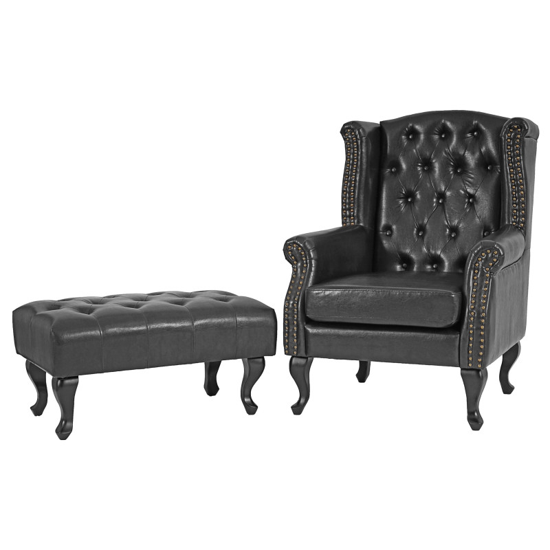 Fauteuil de luxe à oreilles Chesterfield similicuir - noir avec pouf