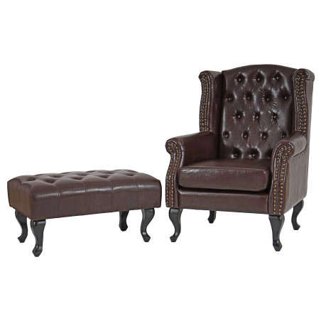 Fauteuil de luxe à oreilles Chesterfield similicuir - brun antique avec pouf