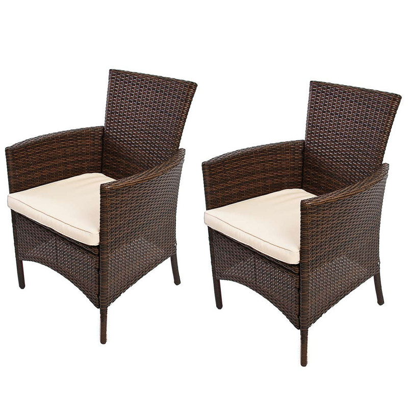 2xFauteuil de jardin RomV, avec coussin, poly-rotin, marron chiné