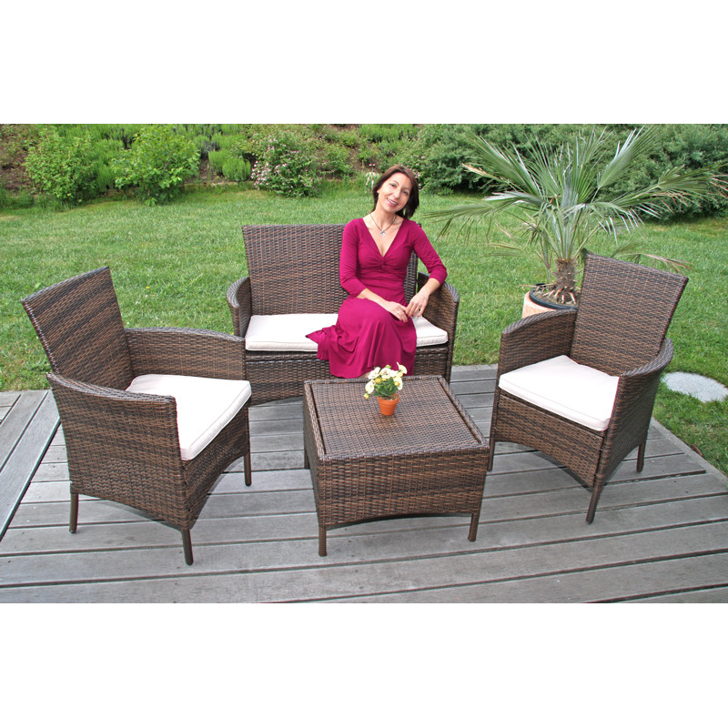 2xFauteuil de jardin RomV, avec coussin, poly-rotin, marron chiné