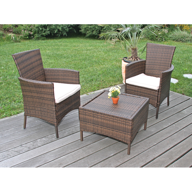 2xFauteuil de jardin RomV, avec coussin, poly-rotin, marron chiné