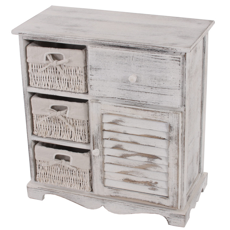 Commode / table d'appoint / armoire, 3 paniers, 1 tiroir, 60x30x63cm, shabby, vintage, blanc