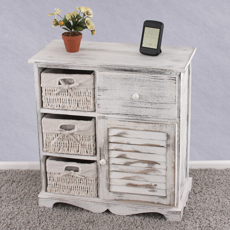 Commode / table d'appoint / armoire, 3 paniers, 1 tiroir, 60x30x63cm, shabby, vintage, blanc