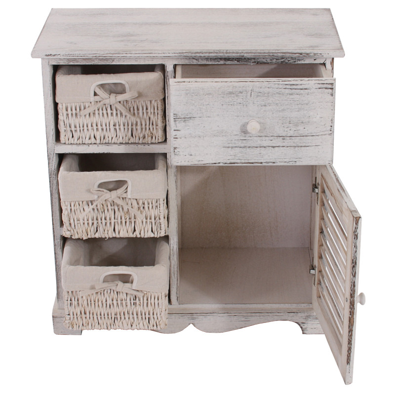 Commode / table d'appoint / armoire, 3 paniers, 1 tiroir, 60x30x63cm, shabby, vintage, blanc