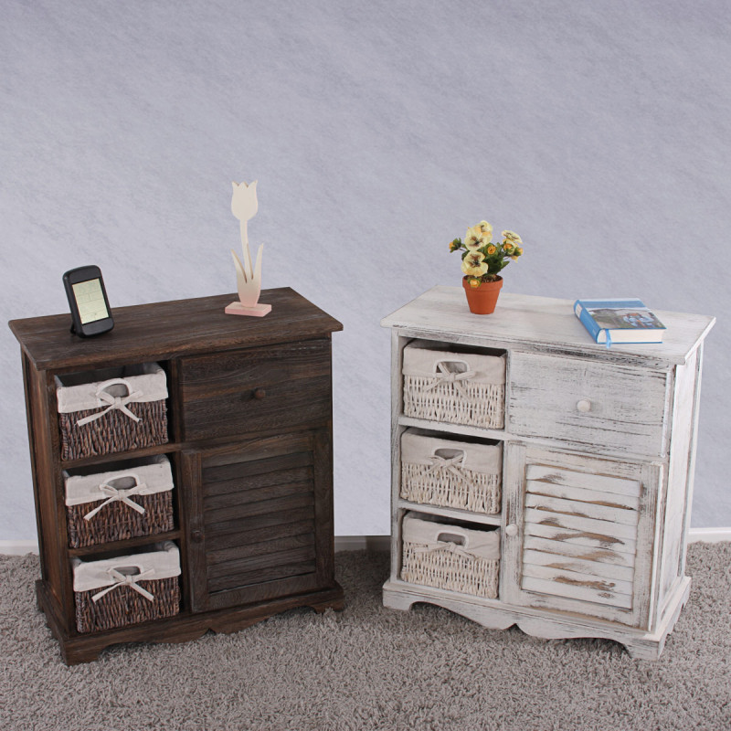 Commode / table d'appoint / armoire, 3 paniers, 1 tiroir, 60x30x63cm, shabby, vintage, blanc