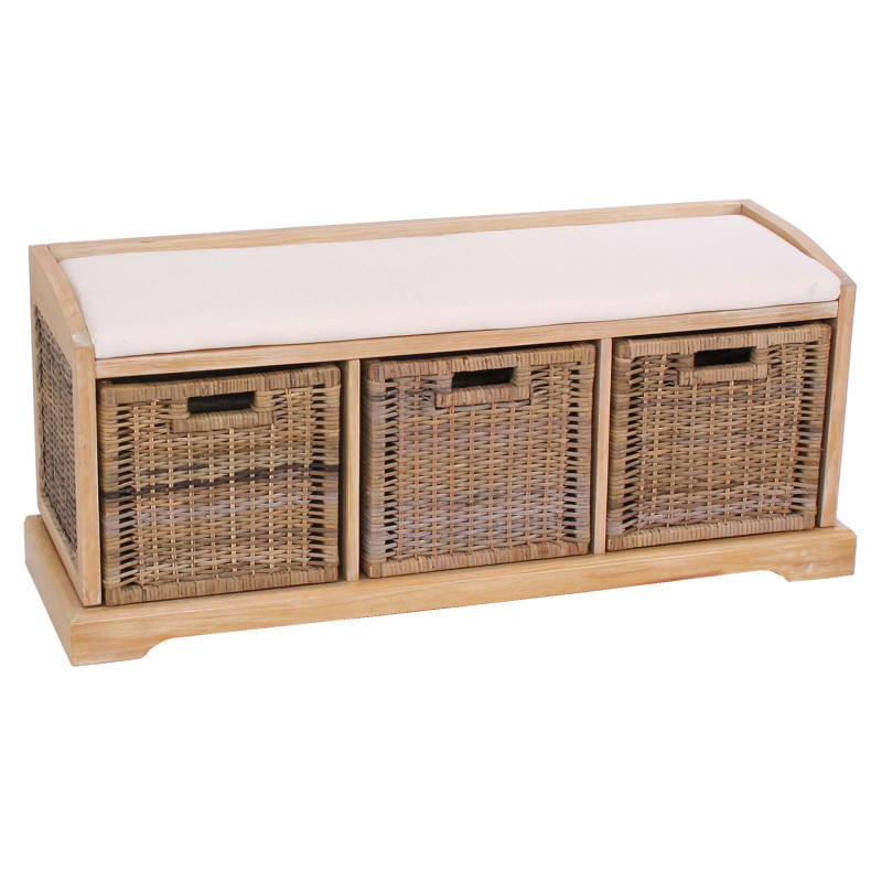 Banc / banquette Bienne, boîte de rangement, 3 paniers, treillis en rotin kubu, 112x46x37cm - clair