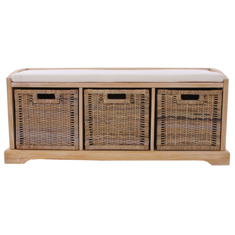 Banc / banquette Bienne, boîte de rangement, 3 paniers, treillis en rotin kubu, 112x46x37cm - clair