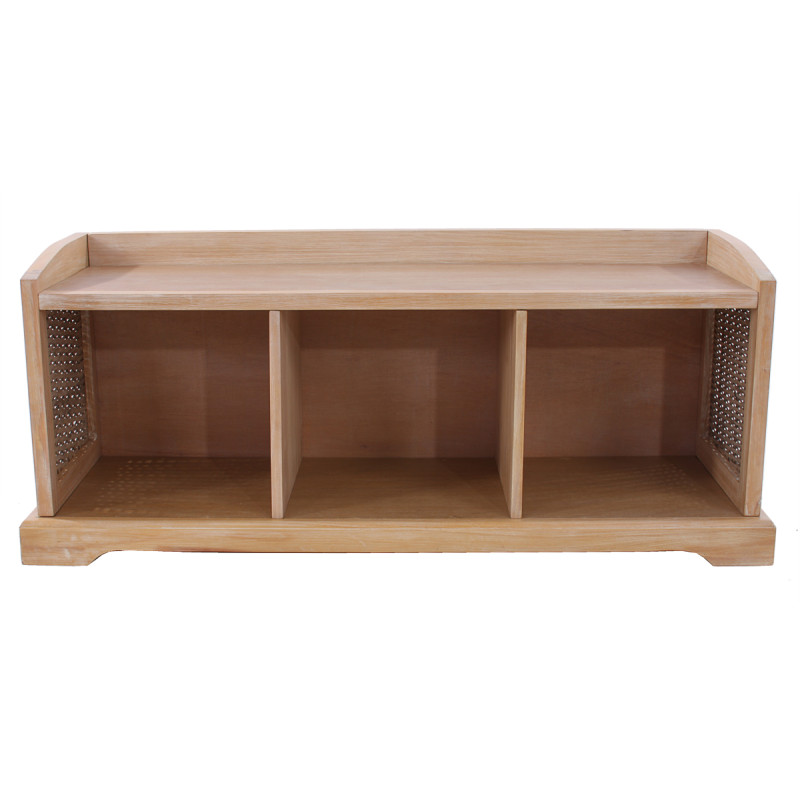 Banc / banquette Bienne, boîte de rangement, 3 paniers, treillis en rotin kubu, 112x46x37cm - clair