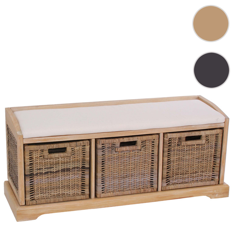 Banc / banquette Bienne, boîte de rangement, 3 paniers, treillis en rotin kubu, 112x46x37cm - clair