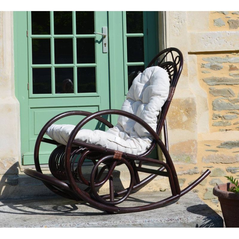 Rocking-chair fauteuil à bascule bois marron, avec coussin