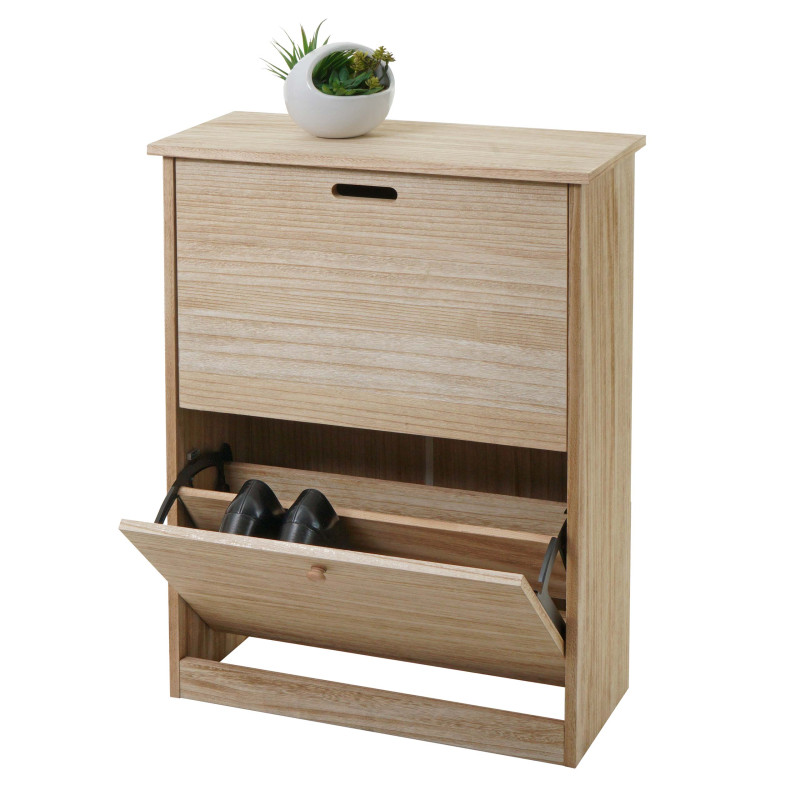 Boite à chaussures armoire à chaussures, 81x60x25cm 2 abattants, MDF en paulownia certifié MVG - brun naturel