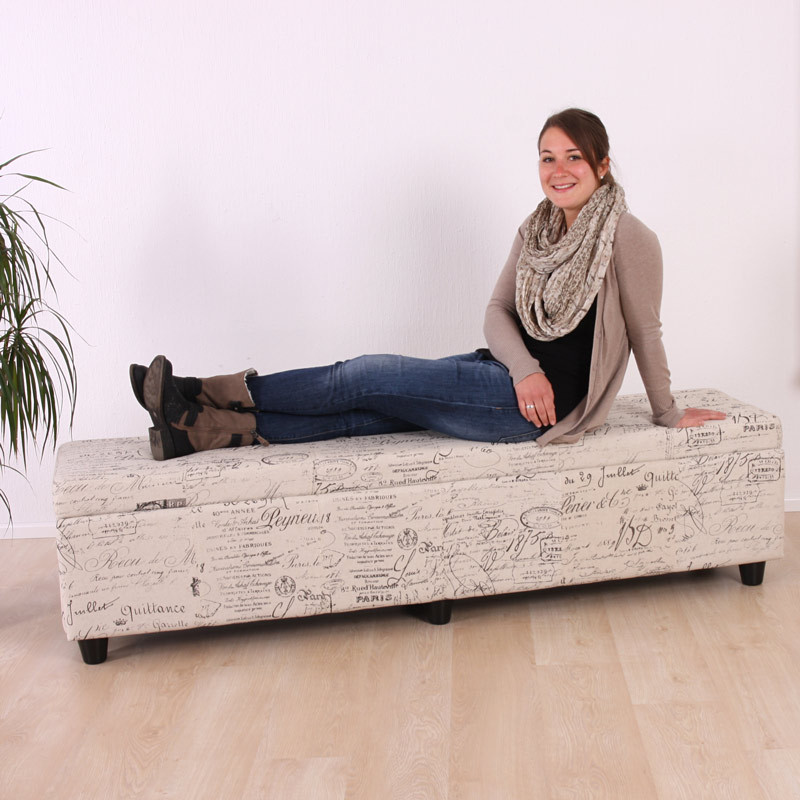 Banc banquette coffre de rangement Kriens XXL, 180x45x45cm, tissu, motif écriture