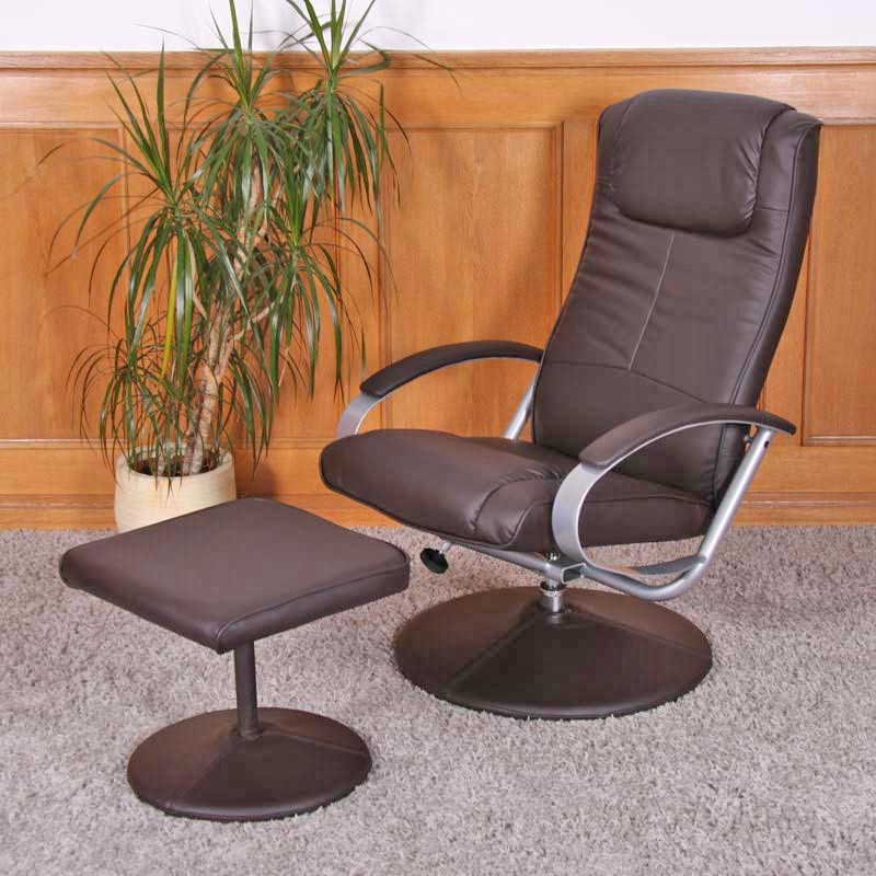 Fauteuil de relaxation N44, avec pouf, pivotant, simili-cuir, marron