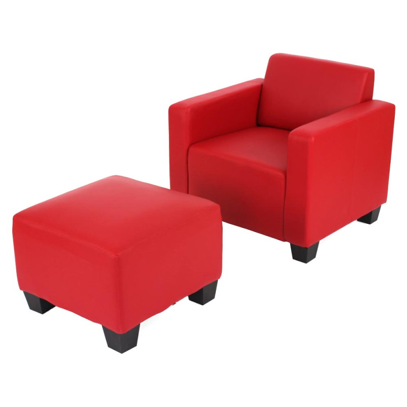 Fauteuil salon/lounge Lyon avec pouf, simili-cuir, rouge