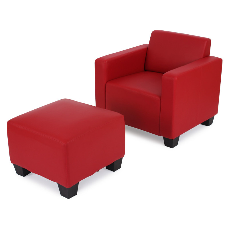 Fauteuil salon/lounge Lyon avec pouf, simili-cuir, rouge