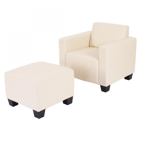 Fauteuil salon/lounge Lyon avec pouf, simili-cuir, crème