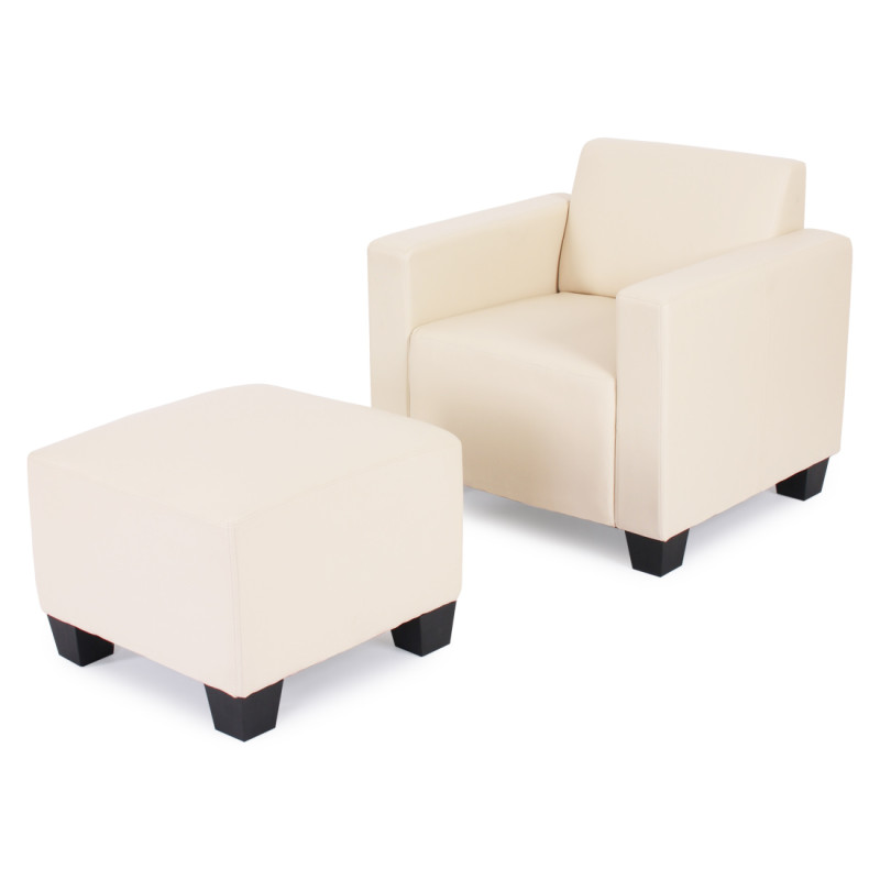 Fauteuil salon/lounge Lyon avec pouf, simili-cuir, crème