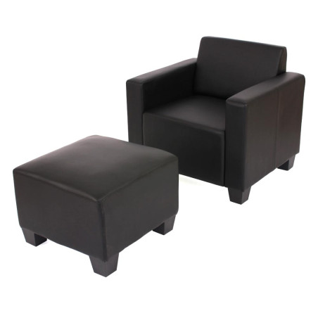 Fauteuil salon/lounge Lyon avec pouf, simili-cuir, noir