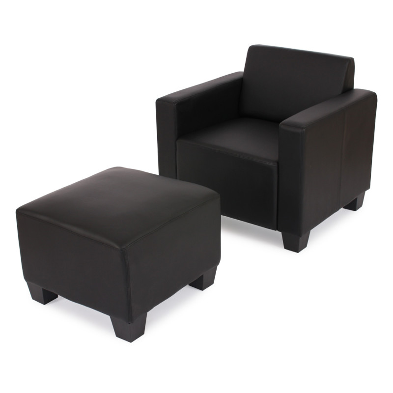 Fauteuil salon/lounge Lyon avec pouf, simili-cuir, noir