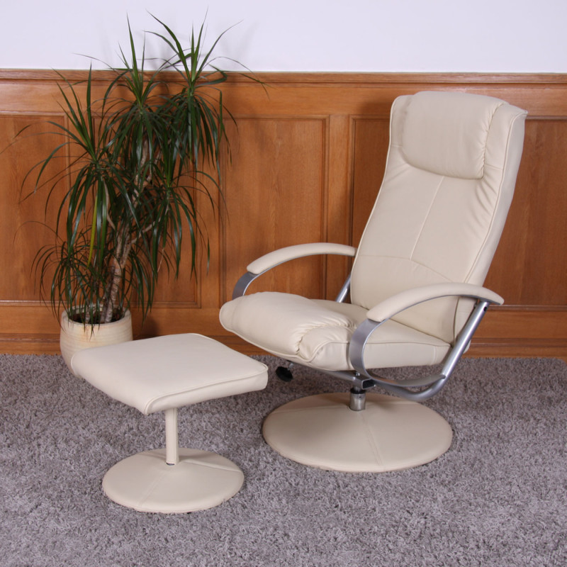 Fauteuil de relaxation N44, avec pouf, pivotant, simili-cuir, blanc