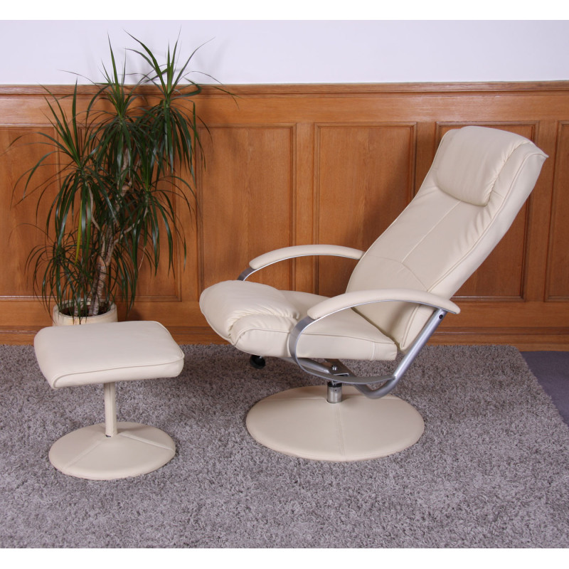 Fauteuil de relaxation N44, avec pouf, pivotant, simili-cuir, blanc