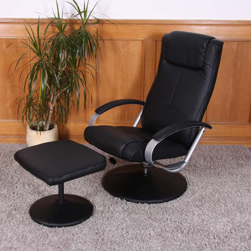 Fauteuil de relaxation N44, avec pouf, pivotant, simili-cuir, noir