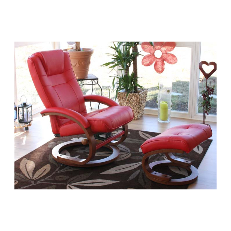 Fauteuil relax, fauteuil avec pouf, Pescatori, simili-cuir, rouge