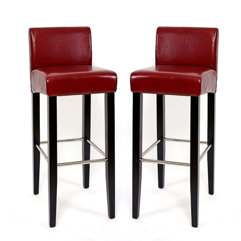 Lot de 2 tabourets de bar N25, bois/cuir, 37x44x102cm, rouge