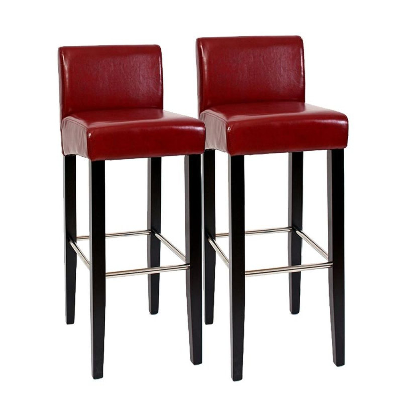 Lot de 2 tabourets de bar N25, bois/cuir, 37x44x102cm, rouge