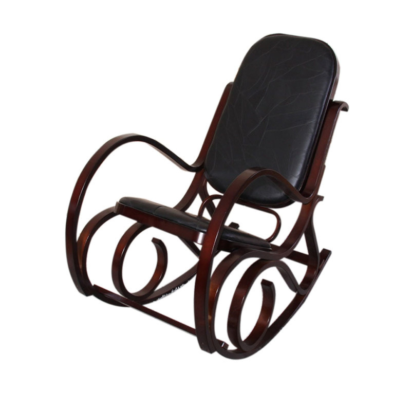 Rocking-chair fauteuil à bascule M41, imitation noyer, cuir Patchwork, noir