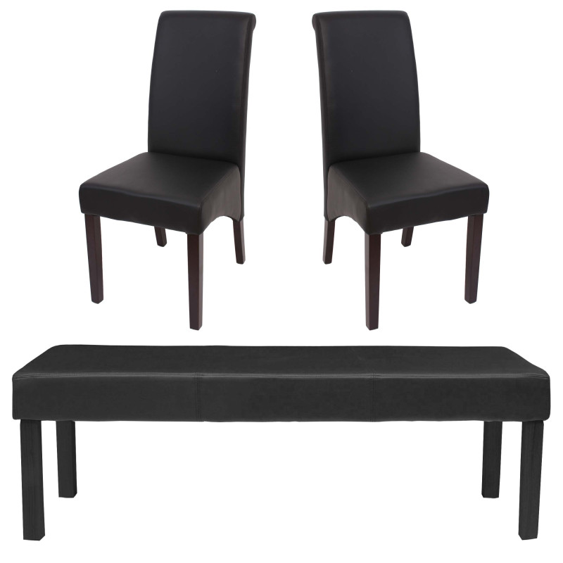 Garniture de salle à manger M37 - banc + 2x chaise, similicuir - 120x43x49 cm noir, pieds foncés