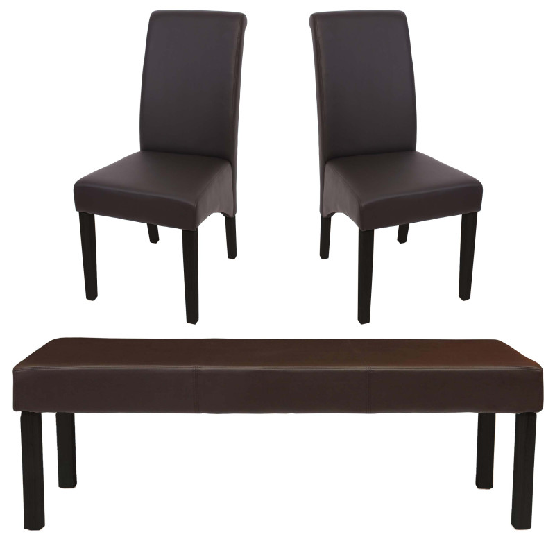 Garniture de salle à manger M37 - banc + 2x chaise, similicuir - 120x43x49 cm marron, pieds foncés
