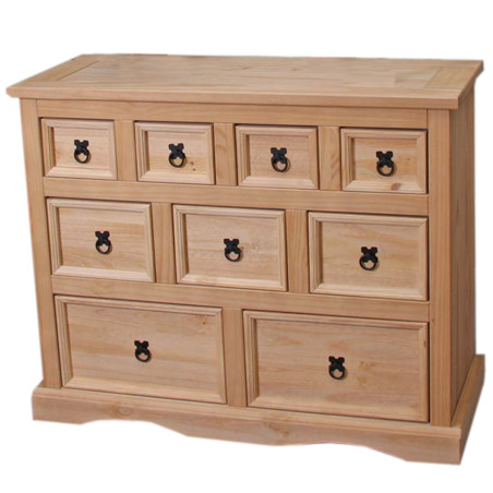 Commode chiffonnier buffet, bois de pin, avec 9 tiroirs, 103x42x82cm