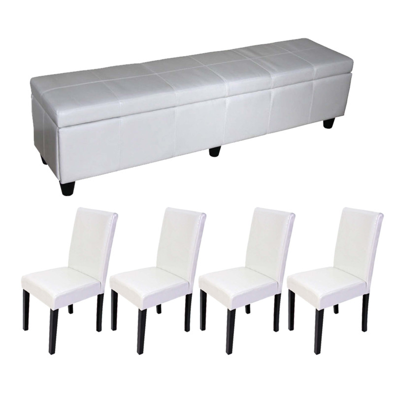 Garniture, ensemble banc Kriens XXL avec dépôt + 4 chaises Littau, cuir - blanc