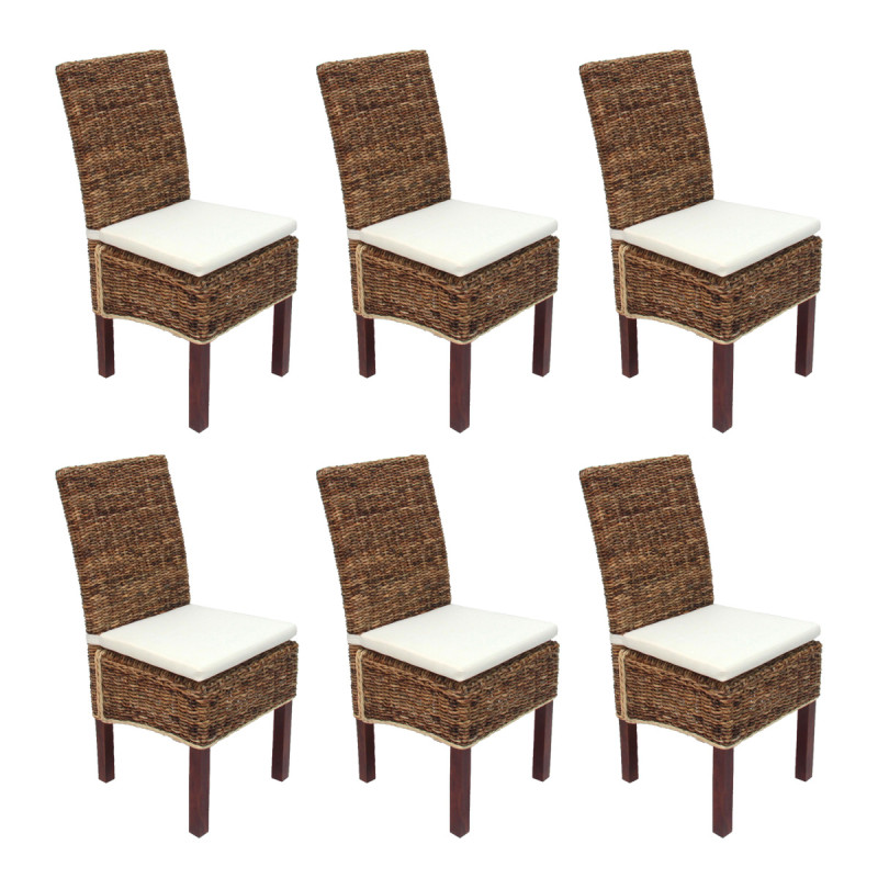 Lot de 6 chaises M69, banane tressée, pieds marrons, avec coussins