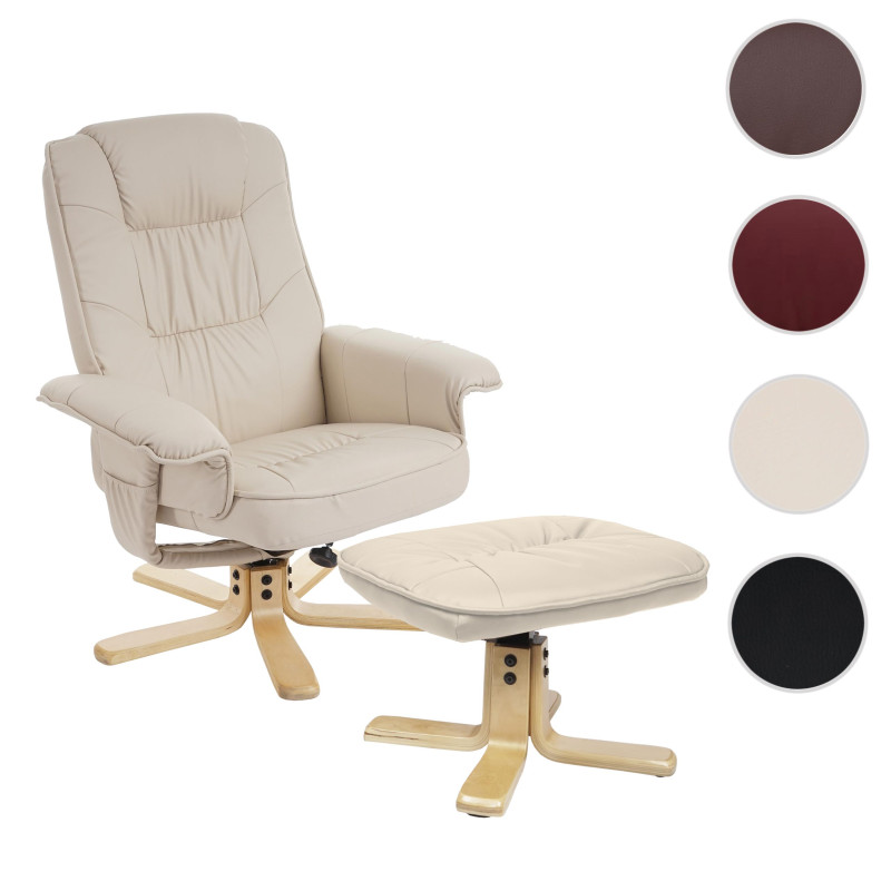 Fauteuil relax /de relaxation M56 avec pouf, simili-cuir, crème