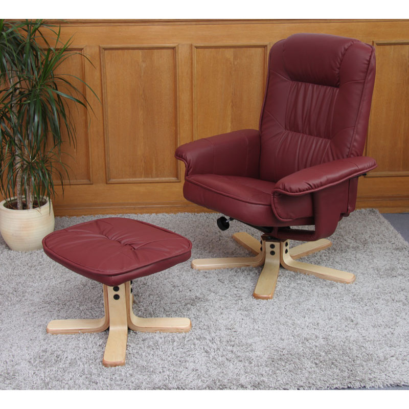 Fauteuil relax /de relaxation M56 avec pouf, simili-cuir, bordeaux