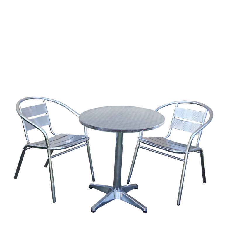 Ensemble bistro M64 table ronde + 2 chaises de jardin, aluminium, empilable