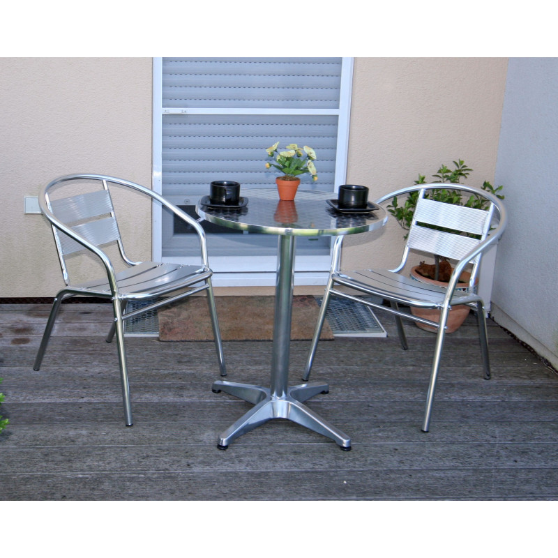 Ensemble bistro M64 table ronde + 2 chaises de jardin, aluminium, empilable